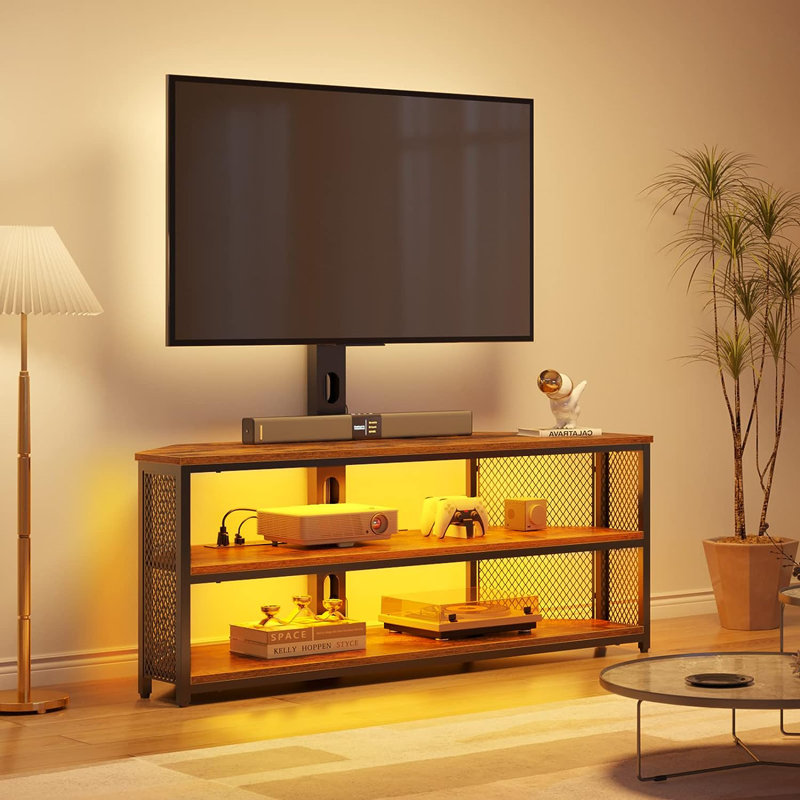 Brayden Studio TV Stand With Mount And Power Outlet Swivel TV Stand Mount With LED Lights For 32 45 55 60 65 70 Inch Tvs Rustic Brown Entertainment Center Media Console With Height Adjustable Mount Wa...